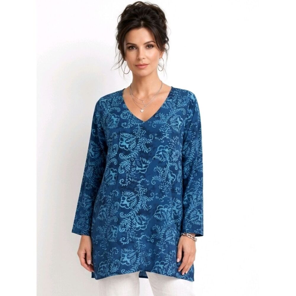 Soft Surroundings Teal Vine Print V-neck Long Sleeve Tunic